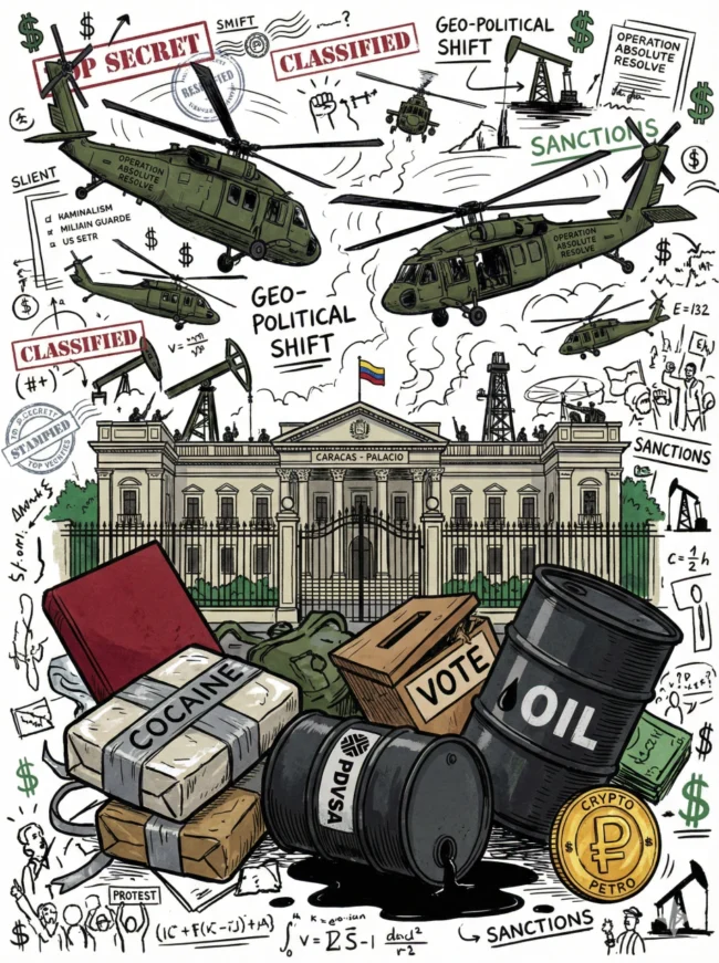 마두로 체포 이유, 미군 헬기가 카라카스 궁전으로 진입하는 가운데 마약, 석유, 투표함, 코인이 얽혀 있는 오퍼레이션 앱솔루트 리졸브 작전 썸네일 일러스트