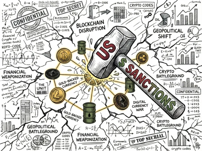 마두로 체포 이유, 금 기반 암호화폐 더 유닛의 블록체인 네트워크가 미국의 제재로 인해 파괴되는 모습을 묘사한 금융 전쟁 일러스트