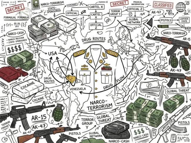마두로 체포 이유, 베네수엘라 군부의 태양의 카르텔과 국제 마약 밀매 루트, 무기, 현금 다발이 복잡하게 얽힌 나르코 테러리즘 개념도