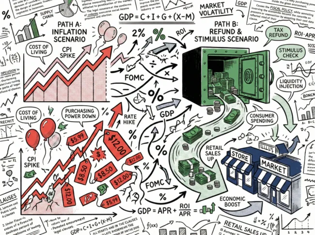 관세 합법 시의 인플레이션 상승 경로와 위법 시의 관세 환급 경로가 갈라지는 경제 시나리오 흐름도