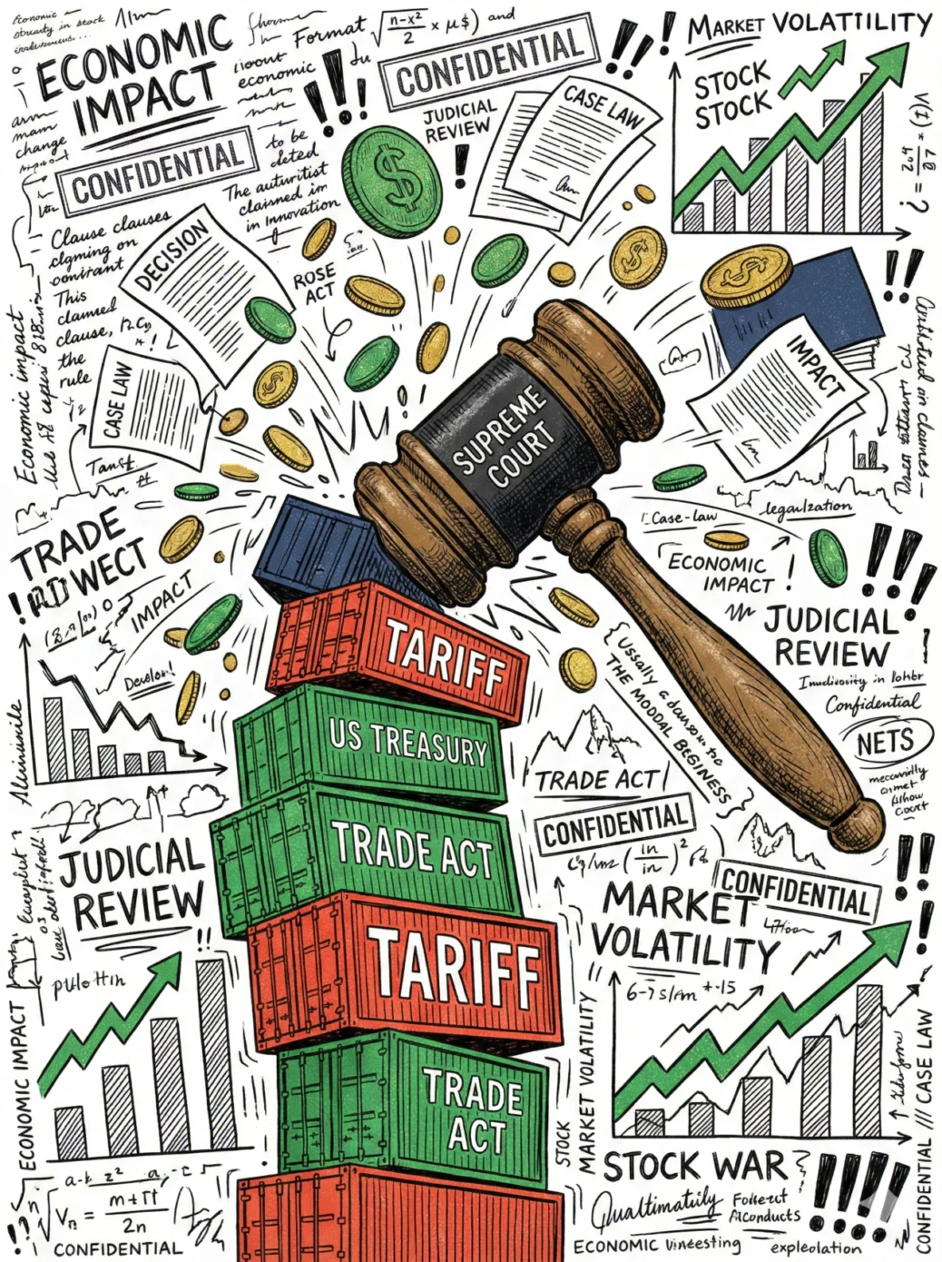 미국 대법원의 판사봉이 관세가 적힌 컨테이너 탑을 내리치며 동전과 서류가 흩날리는 트럼프 관세 리스크 썸네일 일러스트