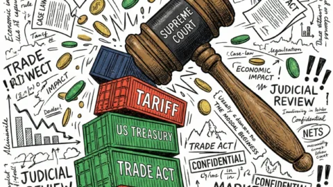 미국 대법원의 판사봉이 관세가 적힌 컨테이너 탑을 내리치며 동전과 서류가 흩날리는 트럼프 관세 리스크 썸네일 일러스트