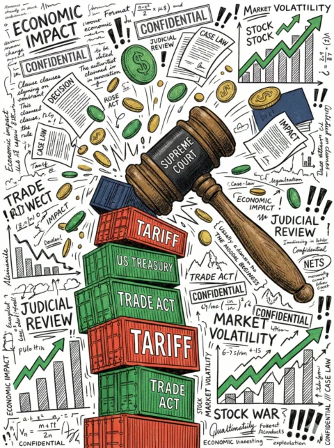 미국 대법원의 판사봉이 관세가 적힌 컨테이너 탑을 내리치며 동전과 서류가 흩날리는 트럼프 관세 리스크 썸네일 일러스트