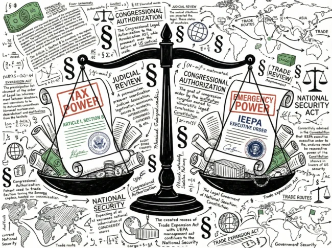미국 헌법의 조세권과 대통령의 비상사태 권한이 저울 위에서 대립하는 IEEPA 법적 공방 개념도