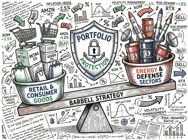 소매 유통주와 에너지 방산주를 양쪽에 담아 균형을 맞추는 바벨 투자 전략을 묘사한 금융 일러스트