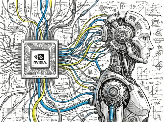 엔비디아 AI 칩과 휴머노이드 로봇 부품의 기계적 구조가 데이터 신경망으로 연결된 물리적 AI 개념 일러스트