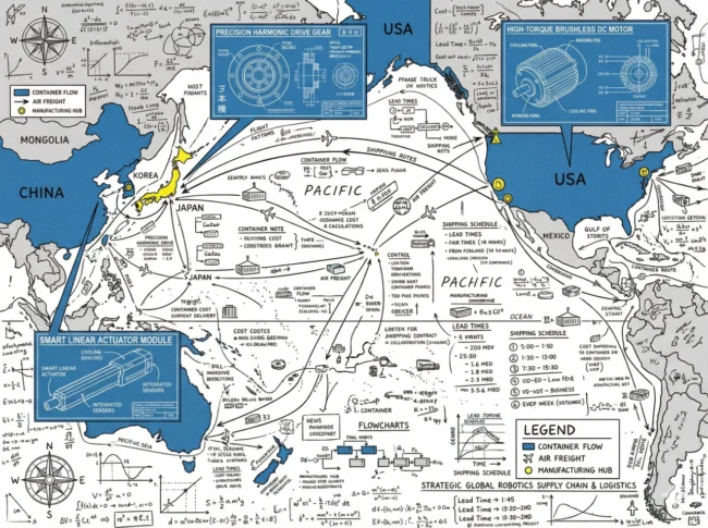 한국, 미국, 일본을 중심으로 로봇 핵심 부품과 공급망이 연결된 전략적 물류 지도 스케치
