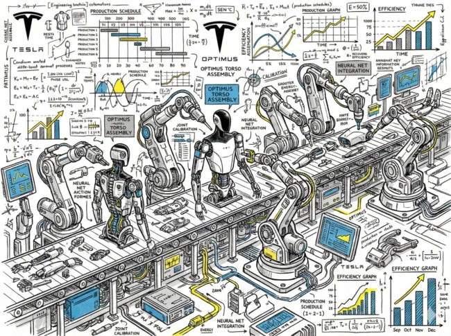 테슬라 옵티머스 로봇이 대량 생산되는 미래 공장 조립 라인의 복잡한 단면도 일러스트
